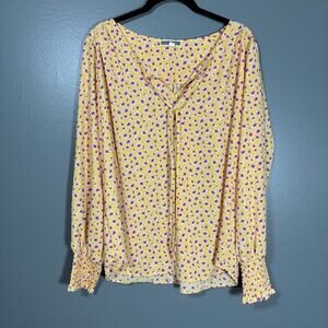 Pleione Women's Yellow & Pink Floral Boho Top - Size Large - Smocked Sleeves